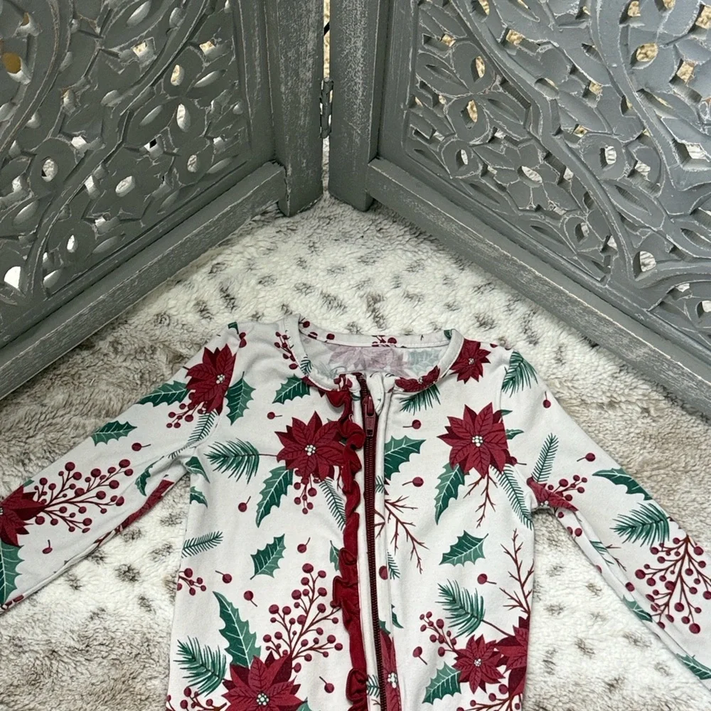 RuffleButts holiday footie pajamas baby girls 12-18 months Christmas poinsettia